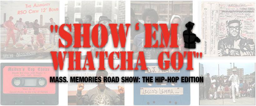 Flyer for hip-hop Road Show event shows red text over a number of hip-hop related photographs.