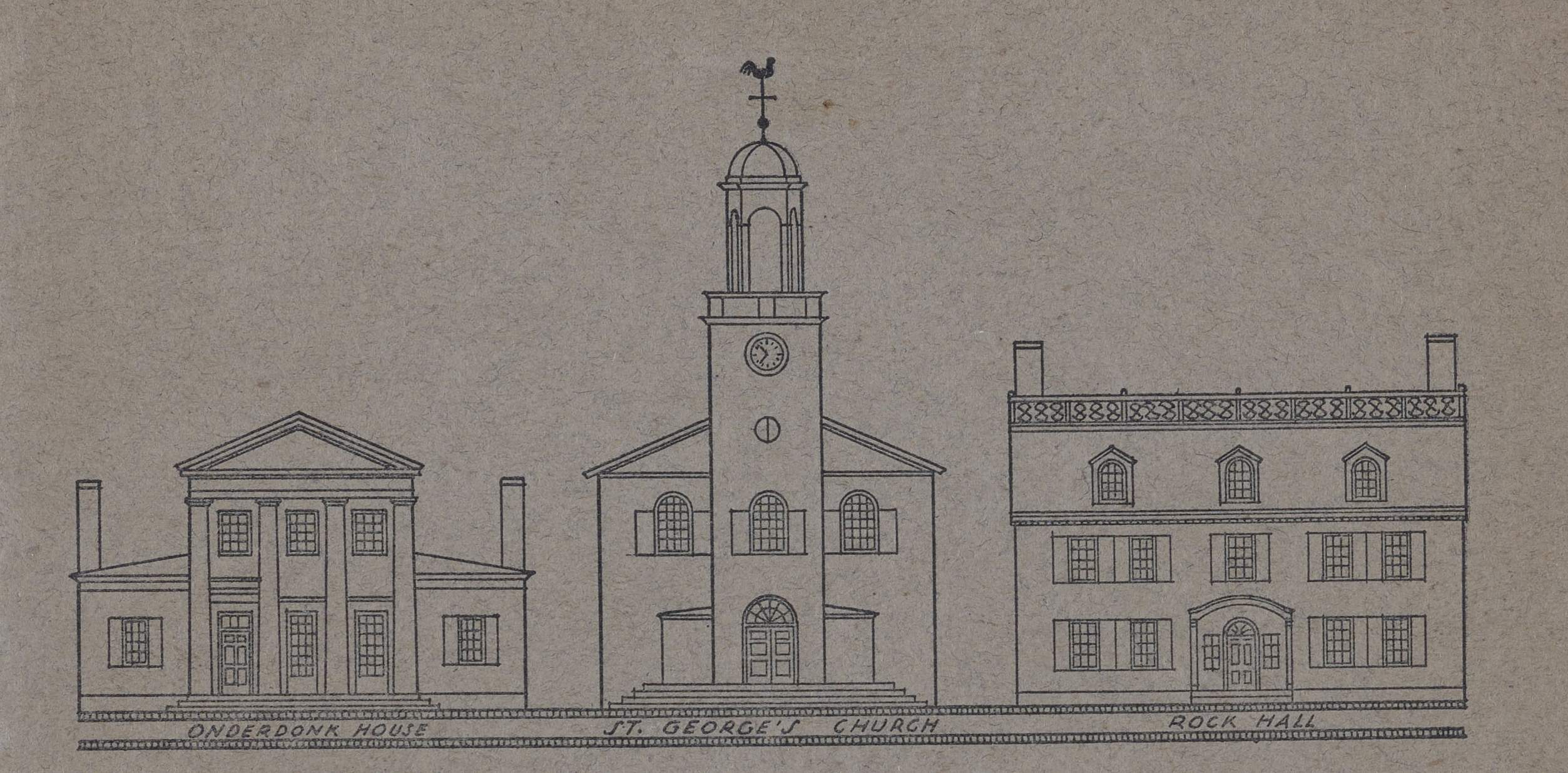 Line drawings showing 3 buildings, including a church at center