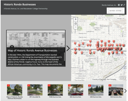 <p>Online map of historic businesses along Rondo Avenue in St. Paul, Minnesota. Map  created by Macalester College students  after a History Harvest event, 2017. Photo courtesy of Macalester College</p>